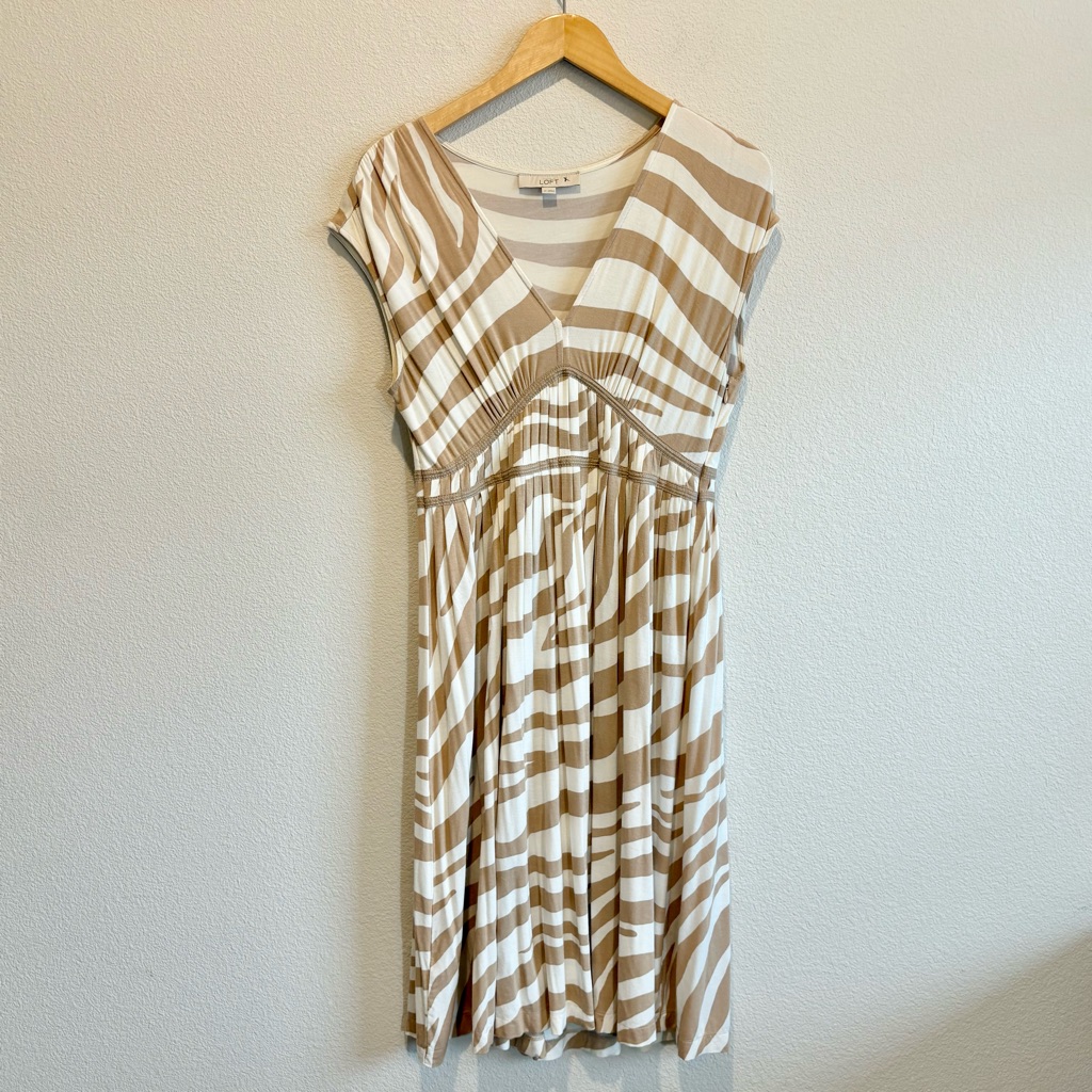 2/$20 Loft Max Studio Beige And White Striped V-Neck Midi Dress, Medium